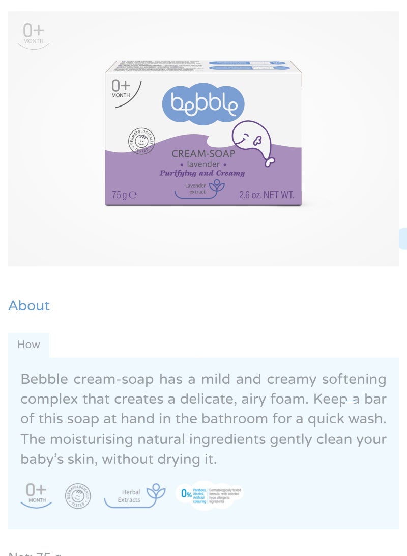 Bebble Baby Cream Bar Soap Lavender | Germ Protection Skin Care | Tear Free | 75g - Image 3