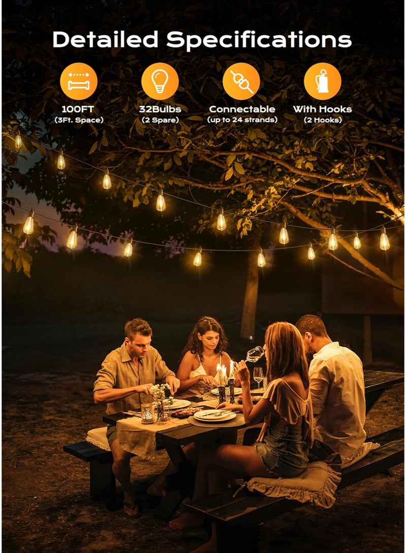 general Outdoor String Lights Patio Lights, 100FT ST38 Shatterproof Dimmable Waterproof Connectable LED Christmas Lights, Hanging Outside Light for Backyard, Porch, Deck, Balcony, Garden, Home Decor - Image 2