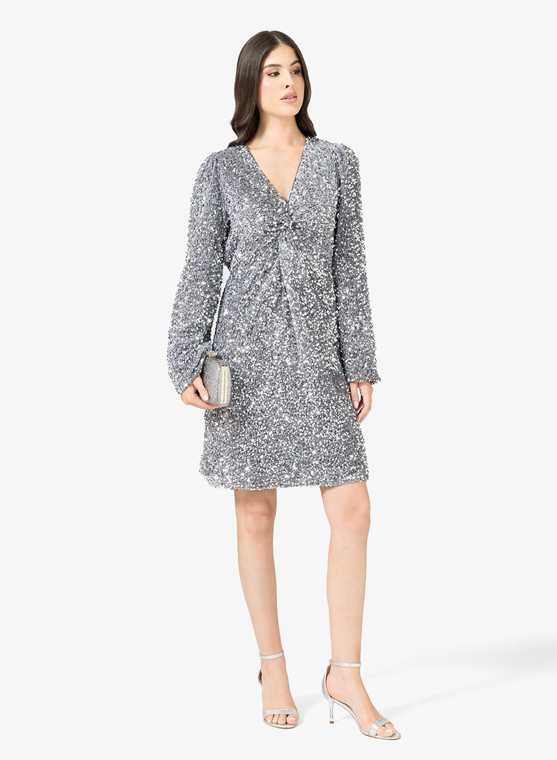 YAS Sequin Front Twist V Neck Mini Dress - Image 4