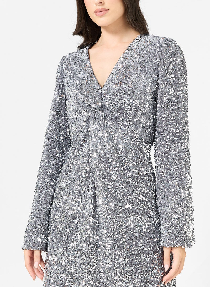 YAS Sequin Front Twist V Neck Mini Dress - Image 3