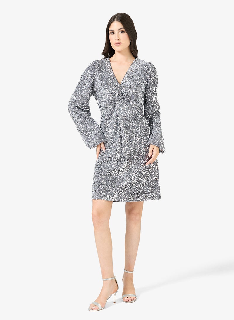 YAS Sequin Front Twist V Neck Mini Dress - Image 1