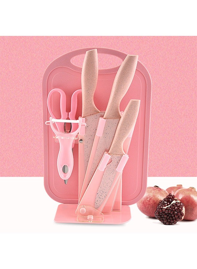 7-Piece Wheat Straw Kitchen Knife With Cutting Board Set Pink 32cm - Image 2