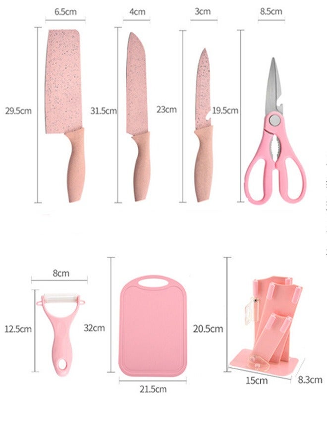 7-Piece Wheat Straw Kitchen Knife With Cutting Board Set Pink 32cm - Image 4