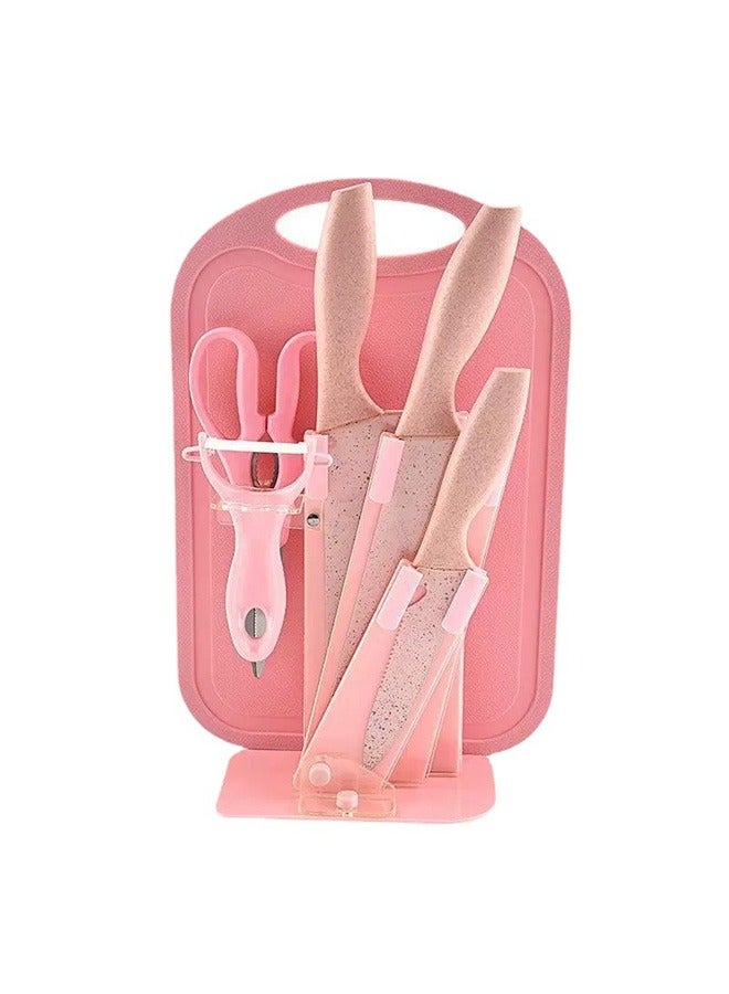 7-Piece Wheat Straw Kitchen Knife With Cutting Board Set Pink 32cm - Image 1