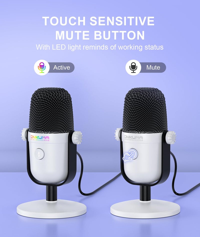 ONIKUMA GAMING Gaming Microphone with Noise Cancellation & Mute Button, USB Condenser Mic for Streaming/Recording, Ultra-Compact Design, Compatible with PC/Mac/PS4/PS5, Podcast/YouTube/Twitch/Discord (White) - Image 4