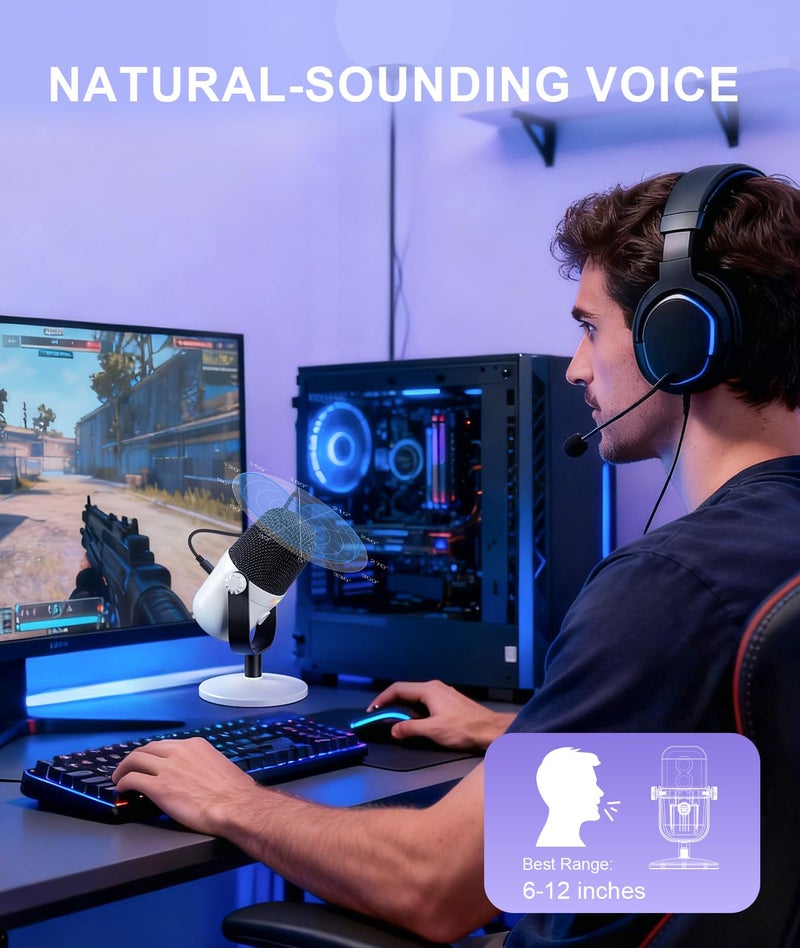 ONIKUMA GAMING Gaming Microphone with Noise Cancellation & Mute Button, USB Condenser Mic for Streaming/Recording, Ultra-Compact Design, Compatible with PC/Mac/PS4/PS5, Podcast/YouTube/Twitch/Discord (White) - Image 3