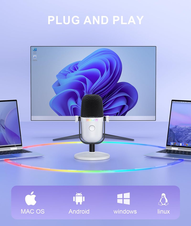 ONIKUMA GAMING Gaming Microphone with Noise Cancellation & Mute Button, USB Condenser Mic for Streaming/Recording, Ultra-Compact Design, Compatible with PC/Mac/PS4/PS5, Podcast/YouTube/Twitch/Discord (White) - Image 5