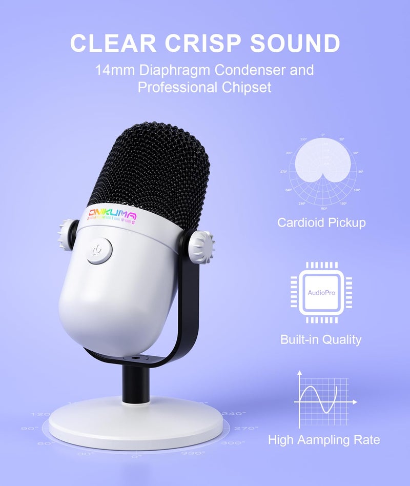 ONIKUMA GAMING Gaming Microphone with Noise Cancellation & Mute Button, USB Condenser Mic for Streaming/Recording, Ultra-Compact Design, Compatible with PC/Mac/PS4/PS5, Podcast/YouTube/Twitch/Discord (White) - Image 2