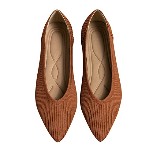 TINGRISE Women's Flats Shoes Pointed Toe Knit Ballet Comfortable Dressy Slip On Flat Brown US6 - Image 1