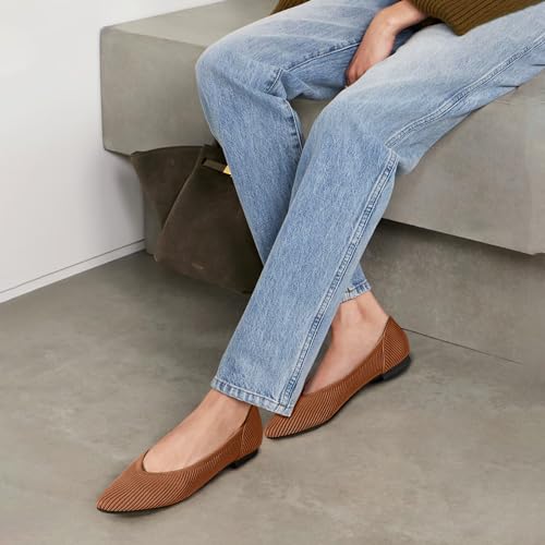 TINGRISE Women's Flats Shoes Pointed Toe Knit Ballet Comfortable Dressy Slip On Flat Brown US6 - Image 4