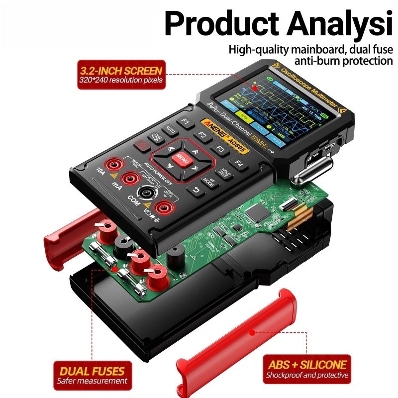 Handheld Digital Oscilloscope: 50 MHz Dual Channel, 3-In-1 Versatile System - 25000-Count High Precision Multimeter, Built-In Signal Generator for Electronics Repair, Circuit Testing, Engineering Stud - Image 4