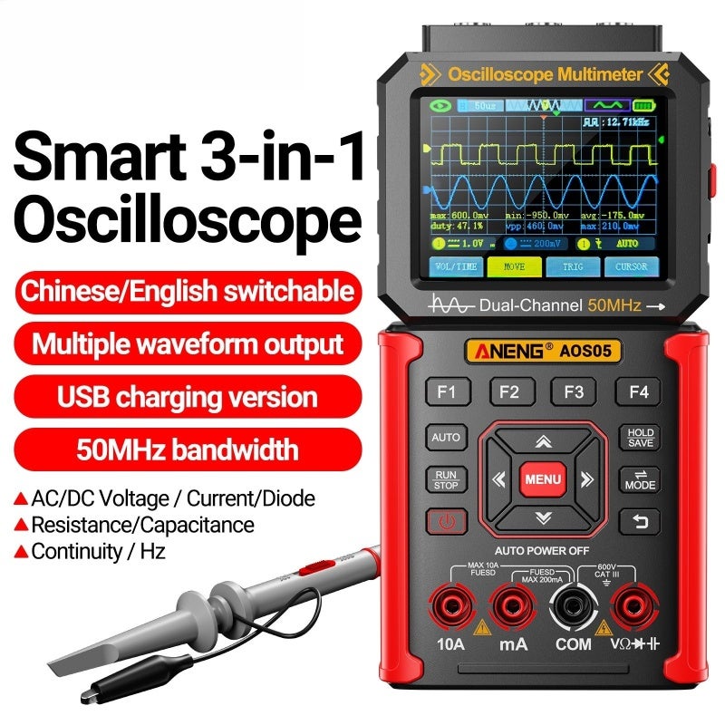 Handheld Digital Oscilloscope: 50 MHz Dual Channel, 3-In-1 Versatile System - 25000-Count High Precision Multimeter, Built-In Signal Generator for Electronics Repair, Circuit Testing, Engineering Stud - Image 2