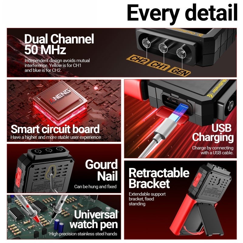 Handheld Digital Oscilloscope: 50 MHz Dual Channel, 3-In-1 Versatile System - 25000-Count High Precision Multimeter, Built-In Signal Generator for Electronics Repair, Circuit Testing, Engineering Stud - Image 3