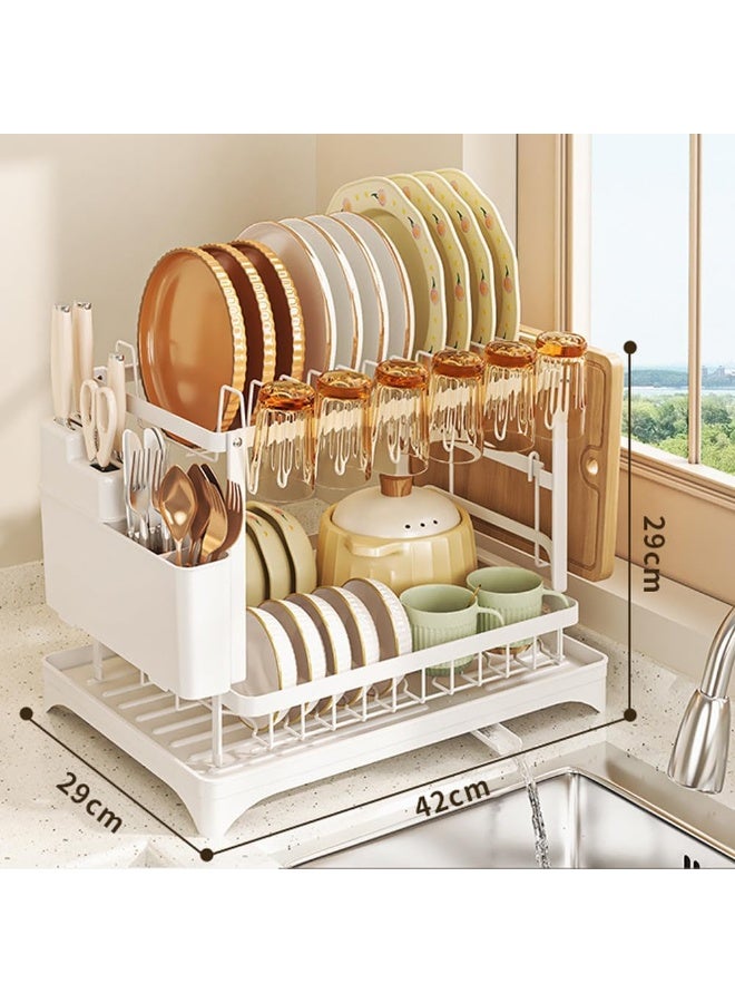 Arabest Dish Drying Racks for Kitchen Counter Large Capacity Double-Layer Dish Drying Rack - with Knife/Utensil & Cutting Board Holder, Drainage Tray (white) - Image 2