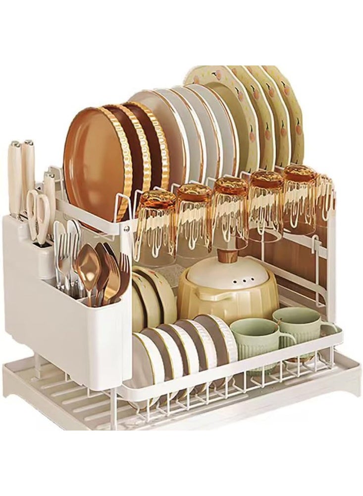Arabest Dish Drying Racks for Kitchen Counter Large Capacity Double-Layer Dish Drying Rack - with Knife/Utensil & Cutting Board Holder, Drainage Tray (white) - Image 1