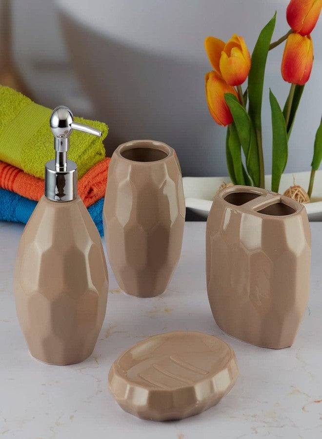 Kookee Ceramic Bathroom Set – Stylish 4 Piece Bath Accessories Kit with Soap Dispenser, Toothbrush Holder, Tumbler & Soap Dish – Modern & Designer Decor for Home & Guest Bathrooms, Brown (8107) - Image 2