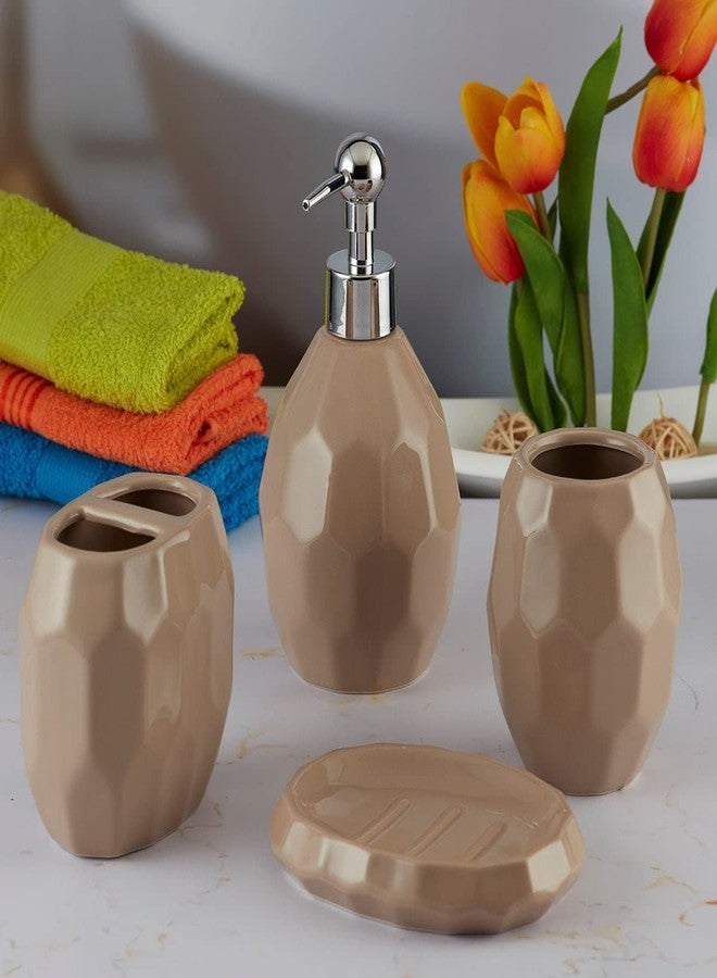 Kookee Ceramic Bathroom Set – Stylish 4 Piece Bath Accessories Kit with Soap Dispenser, Toothbrush Holder, Tumbler & Soap Dish – Modern & Designer Decor for Home & Guest Bathrooms, Brown (8107) - Image 4
