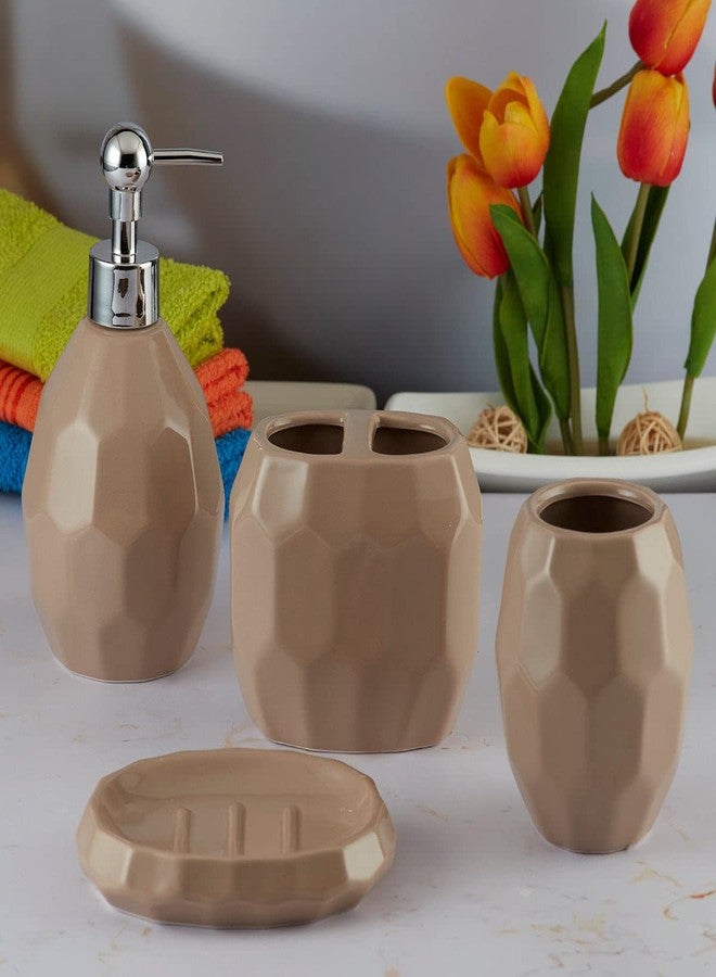 Kookee Ceramic Bathroom Set – Stylish 4 Piece Bath Accessories Kit with Soap Dispenser, Toothbrush Holder, Tumbler & Soap Dish – Modern & Designer Decor for Home & Guest Bathrooms, Brown (8107) - Image 1