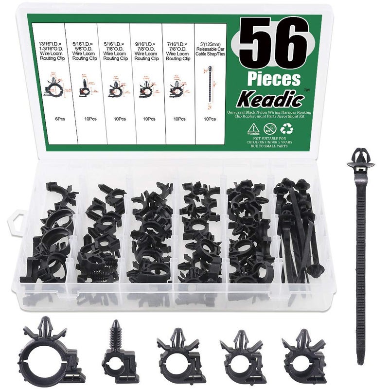 Keadic 56Pcs Car Wire Loom Routing Clips Assortment 6 Sizes Car Harness Routing Clips Universal Wiring Harness Routing Clip Replacement Parts for Automotive