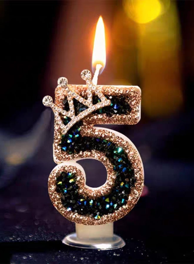 Ssovi Royal Crown Number [5] Birthday Candle, 3D Glitter Black & Gold Rhinestone Cake Topper with Holder, Smokeless Single Metallic Decoration for Party & Anniversary - 1 Piece - Image 1