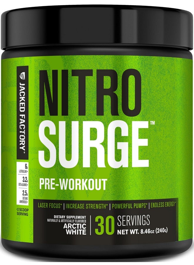 Jacked Factory NITROSURGE Pre Workout Supplement - Endless Energy, Instant Strength Gains, Clear Focus, Intense Pumps - NO Booster & Powerful Preworkout Energy Powder - 30 Servings, Arctic White - Image 1