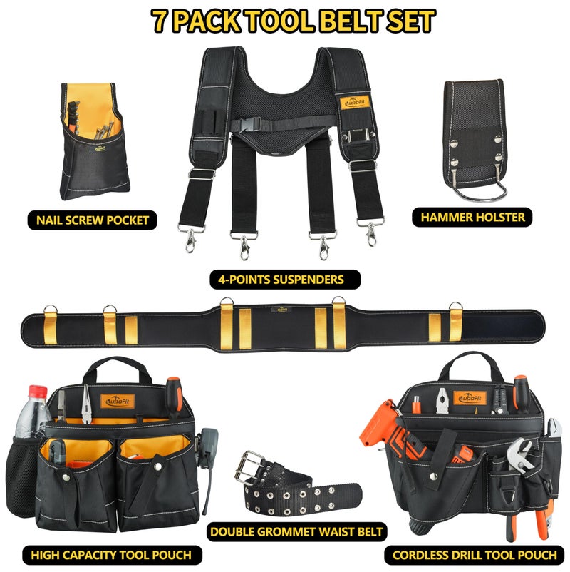 Aupofit Comfortable Tough Thick 7-Piece Tool Belt with Suspenders 32 Pockets and Loops,1680D Denier Fabric Heavy Duty Tool Belts with Carry Handles, Fits Waists 36-49In, Black and Yellow - Image 5