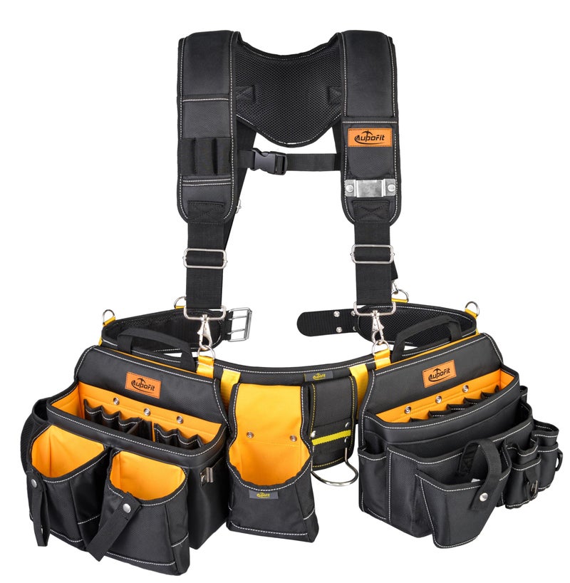 Aupofit Comfortable Tough Thick 7-Piece Tool Belt with Suspenders 32 Pockets and Loops,1680D Denier Fabric Heavy Duty Tool Belts with Carry Handles, Fits Waists 36-49In, Black and Yellow - Image 1