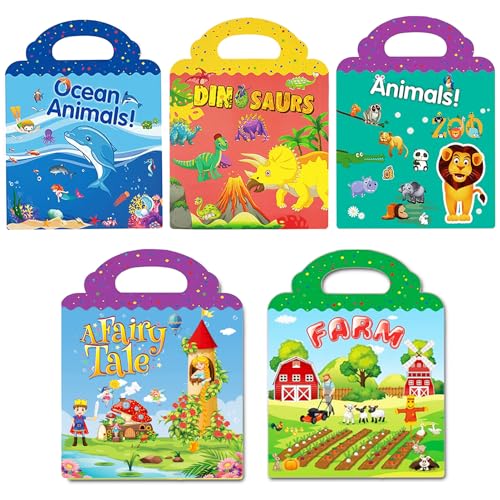RUSON Reusable Sticker Book for Kids 5 Sets Educational Learning Toys Travel Stickers Activity Books for Toddler Girls Boys Age 3 Birthday Gifts Fairy Ocean Farm Dinosaur Animals - Image 1