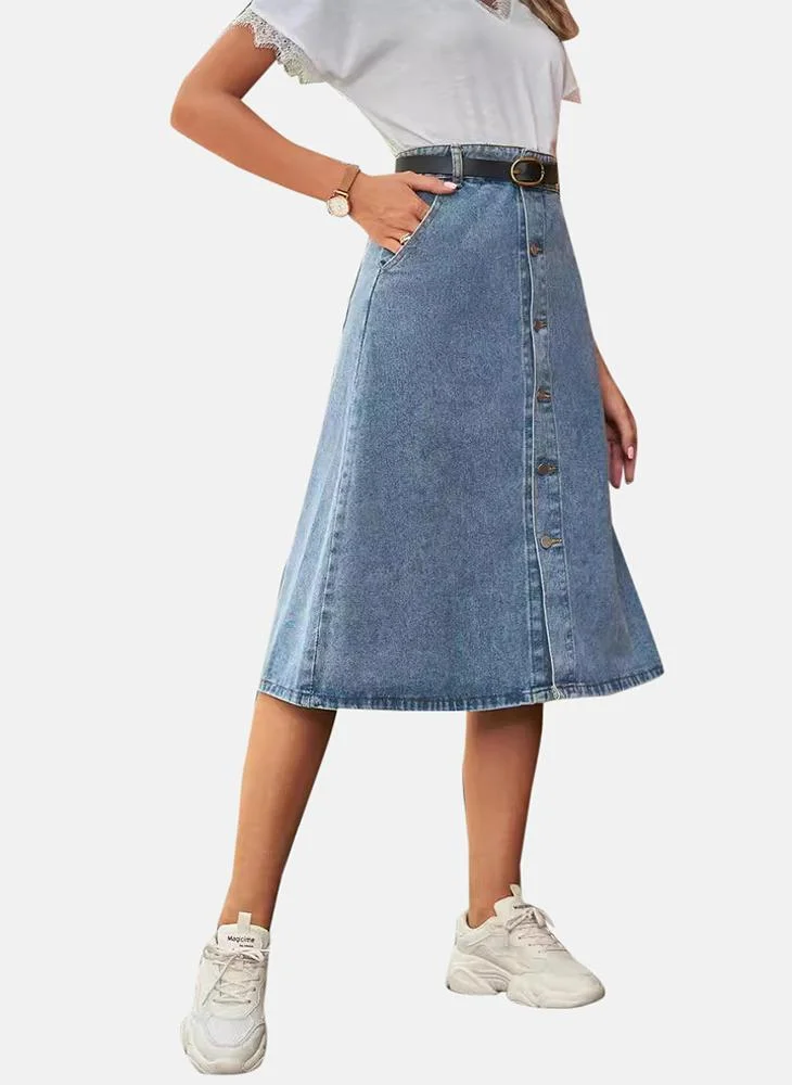 YUNIQEE Blue Mid Rise Plain Midi Skirt