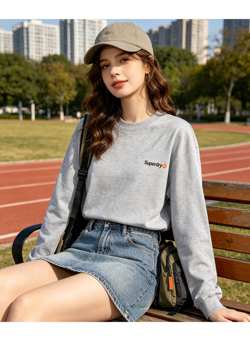 Superdry couple solid color round neck loose long sleeve T-shirt for men and women - Image 2