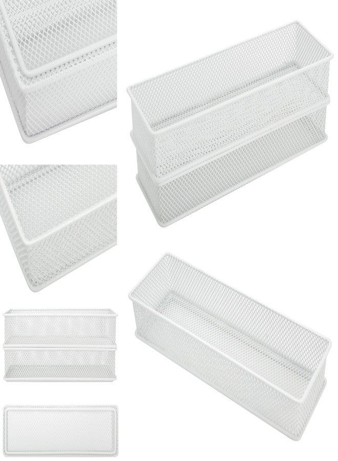 Annova Mesh Stackable Drawer Cabinet and Shelf Organizer Bins Storage Basket School Office Supply Holder Tray- Set of 2 (White, 3x9x2 Inch) - Image 3