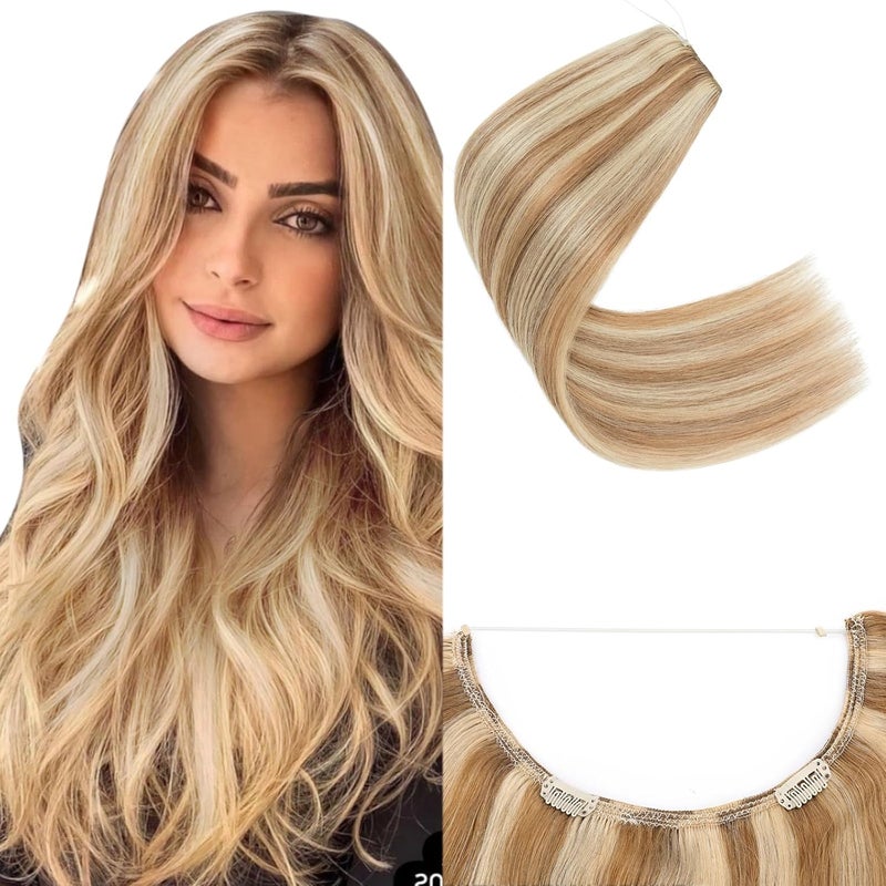 SEGO Invisible Wire Hair Extensions Real Human Hair Adjustable Wire Extensions with 2 Clips for Women Transparent Fish Line Extensions to Add Length16inch Golden Brown Mixed Bleach Blonde60g