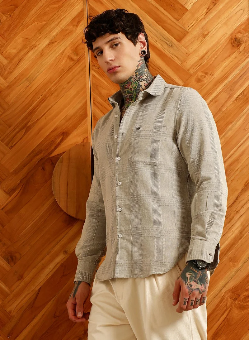 Campus Sutra Men's Light Grey Textured Cotton Blend Shirt