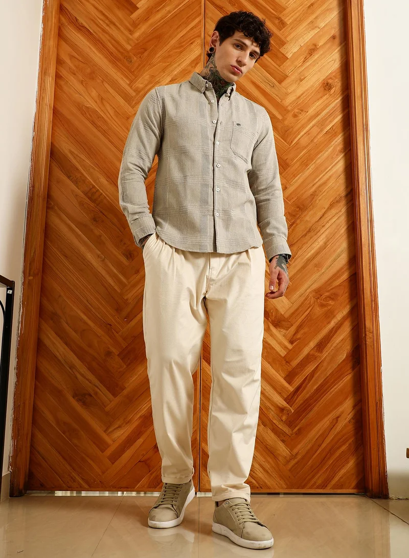 Campus Sutra Men's Light Grey Textured Cotton Blend Shirt