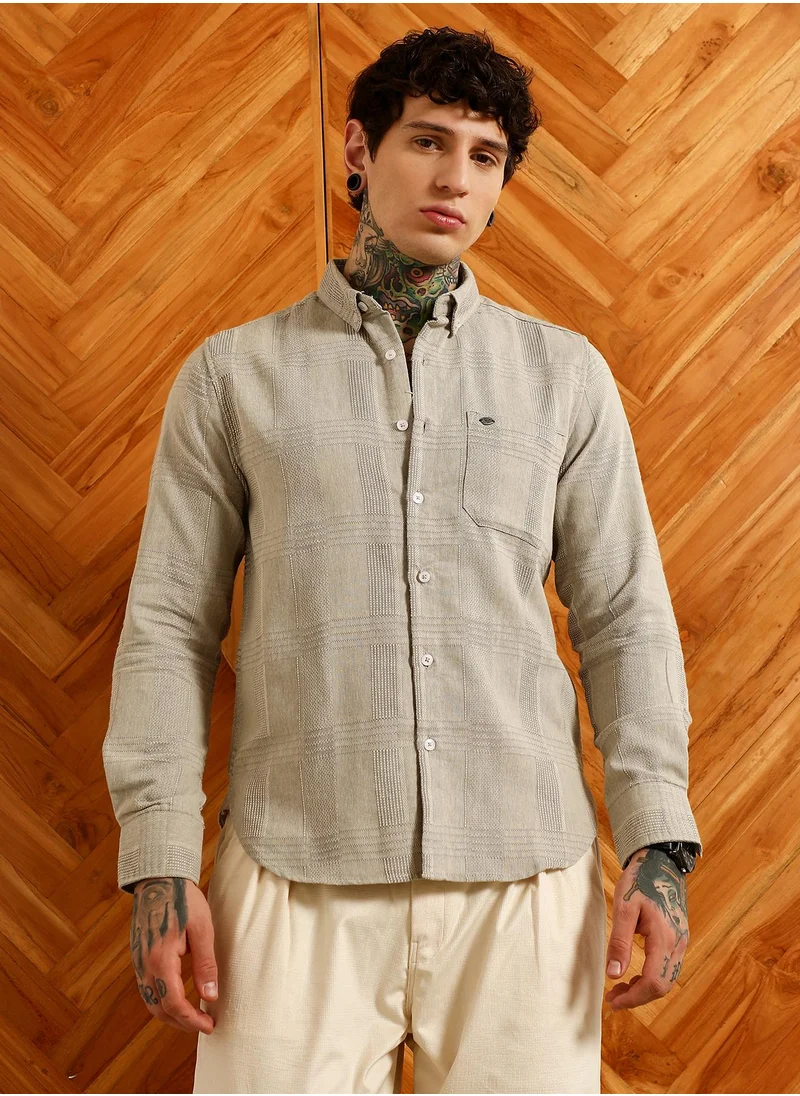 كامبوس سوترا Men's Light Grey Textured Cotton Blend Shirt