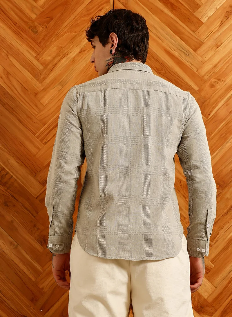 Campus Sutra Men's Light Grey Textured Cotton Blend Shirt