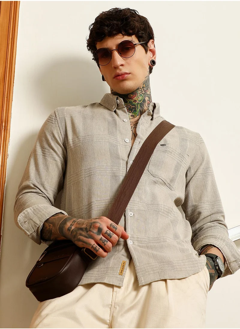 كامبوس سوترا Men's Light Grey Textured Cotton Blend Shirt