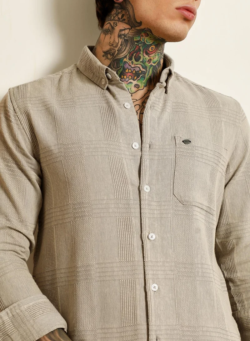 Campus Sutra Men's Light Grey Textured Cotton Blend Shirt