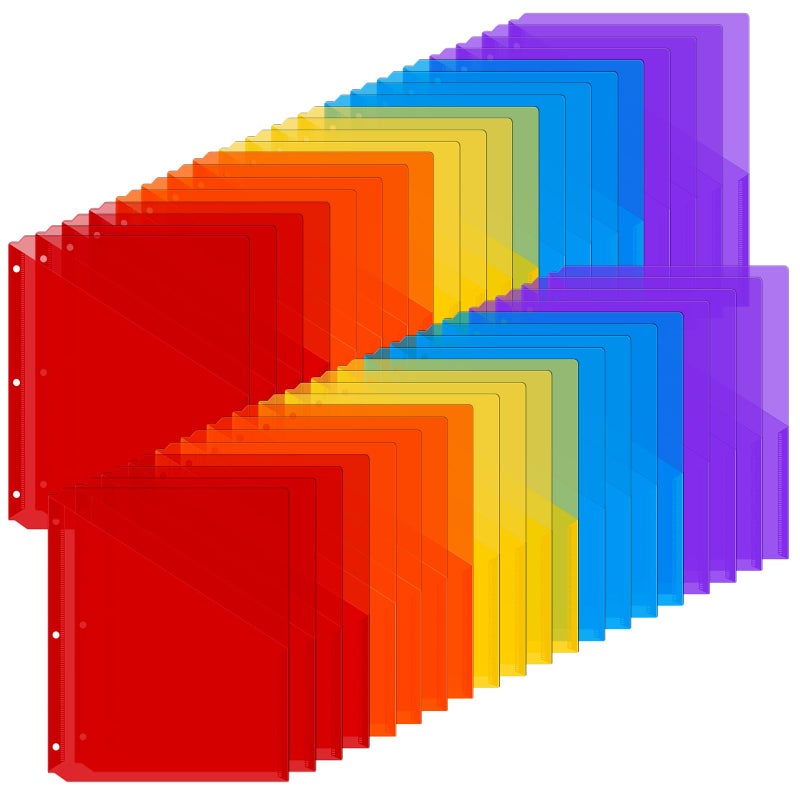 Maitys 50 Pack Binder Pockets 3 Hole Punch Clear Plastic Document Folders Binder Organizer Store Letter Size 8.5x11 Inch Paper Folders with Pockets Slash File Jacket for Office (Multicolor) - Image 1