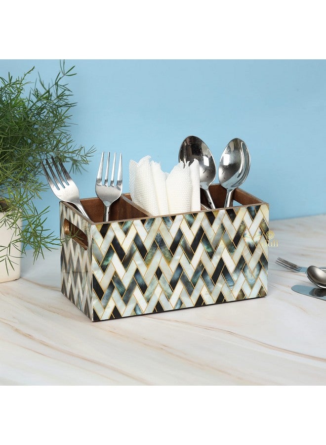 DULI Multipurpose Stand, Cutlery Holder, Spoon Stand, Table Organizer with 2 Sections, Chammach Stand (10cm x 15cm) (3 Section: MOP Zigzag) - Image 1