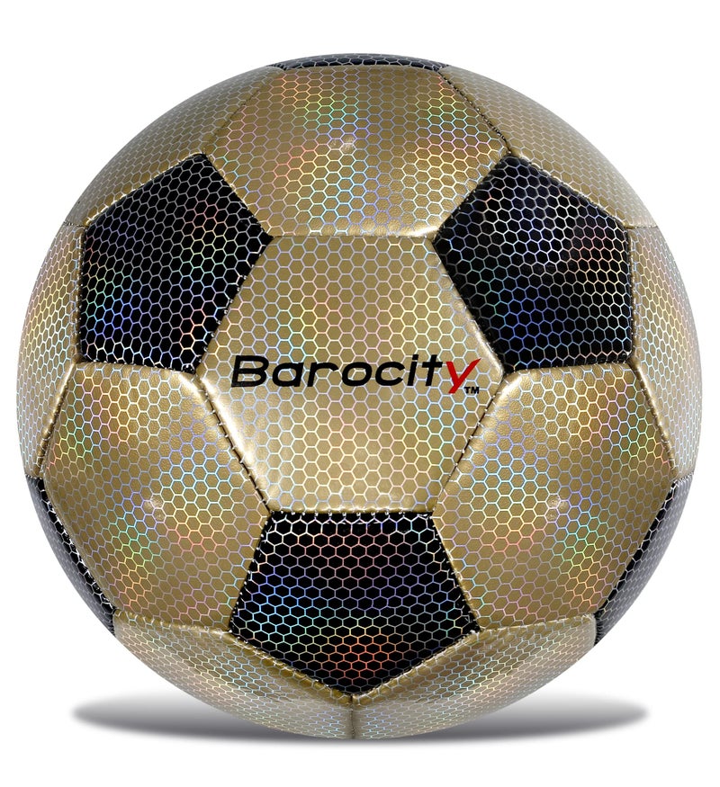 Barocity كرة القدم باروسيتي الكلاسيكية السوداء والذهبية مقاس 5 – كرة مباراة رسمية للأولاد والبنات بنمط سداسي قزحي عاكس، متينة، للألعاب الداخلية والخارجية - Image 1