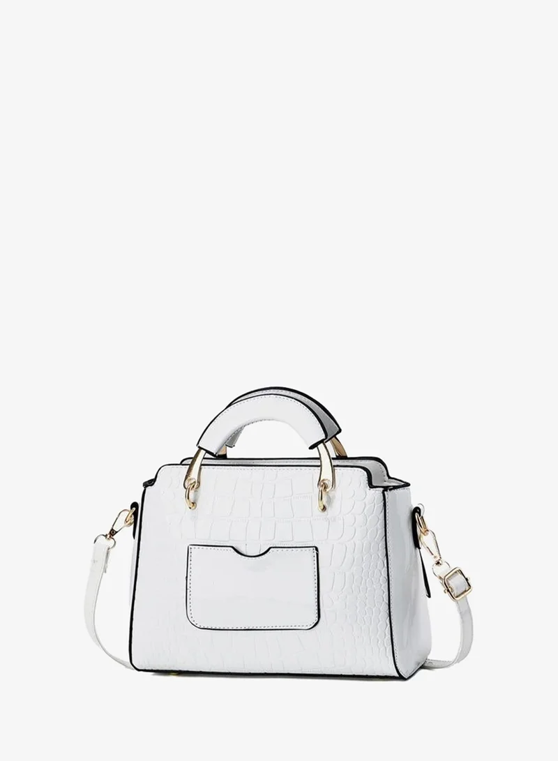 تايك تو White Croc-Embossed Handbag with Top Handle