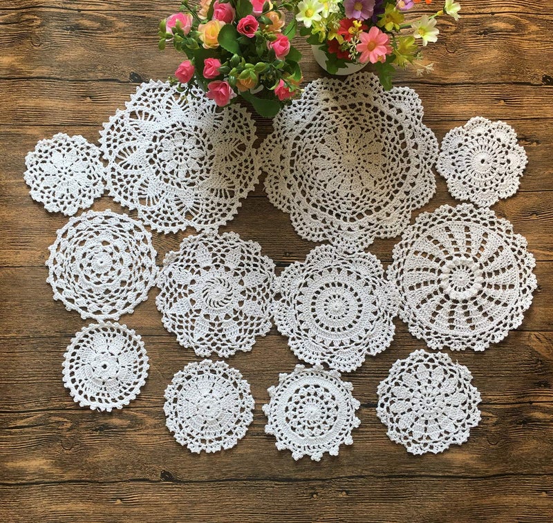 MINDPLUS Set of 12 Hand Crochet Doilies Cotton Crocheted Lace Doilies 410 Inches Round White Vintage 12pcs White