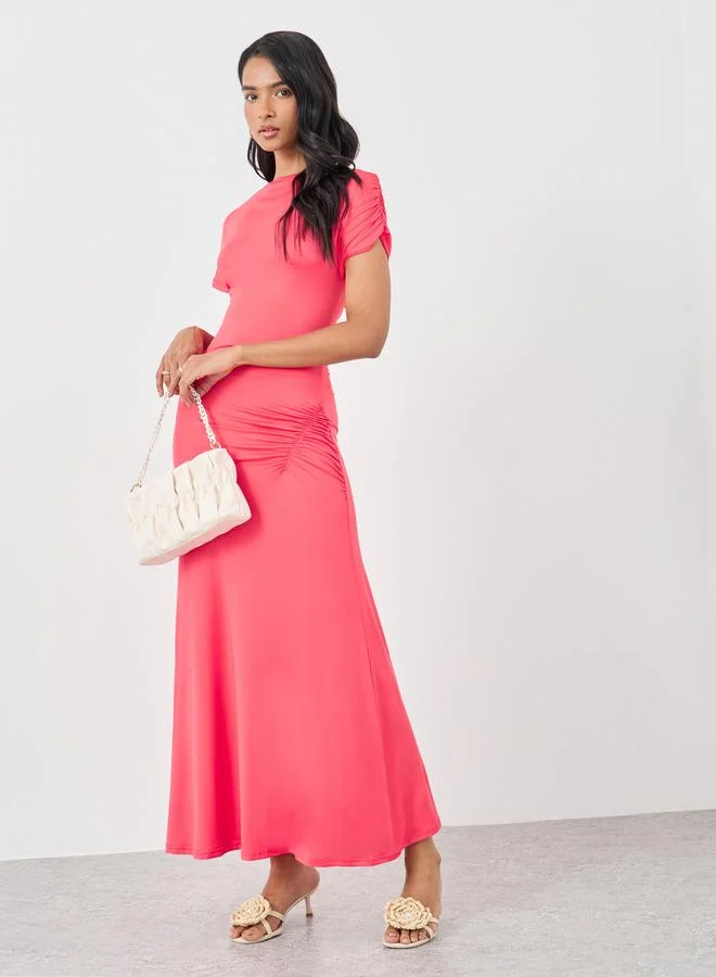 تايك تو Take Two Solid Short Sleeve Maxi Dress with Gathered Detail