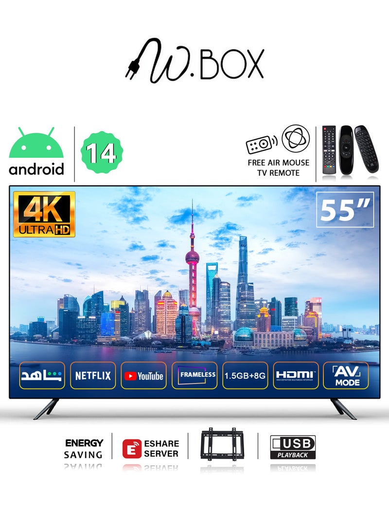 شاشة سمارت - 55 بوصة - اندرويد 14 - 4K - UHD - حامل جداري مجاني - ريموت وايرلس مجانا مجاني- WB55BUH
