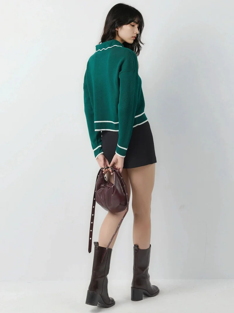 MY FASHION Emerald Green MY FASHION Textured Polo Neck Knit Sweater with Ribbon Detail for Women | Best Price UAE