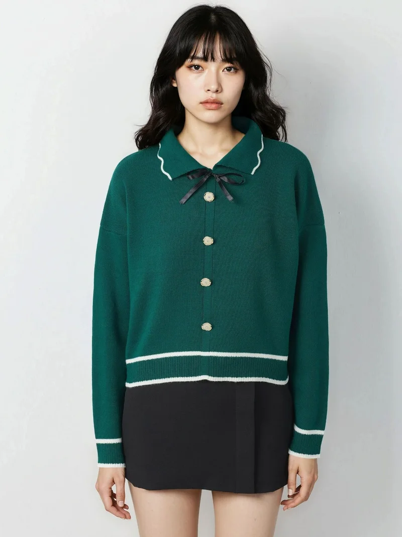 My Fashion Emerald Green MY FASHION Textured Polo Neck Knit Sweater with Ribbon Detail for Women | Best Price UAE