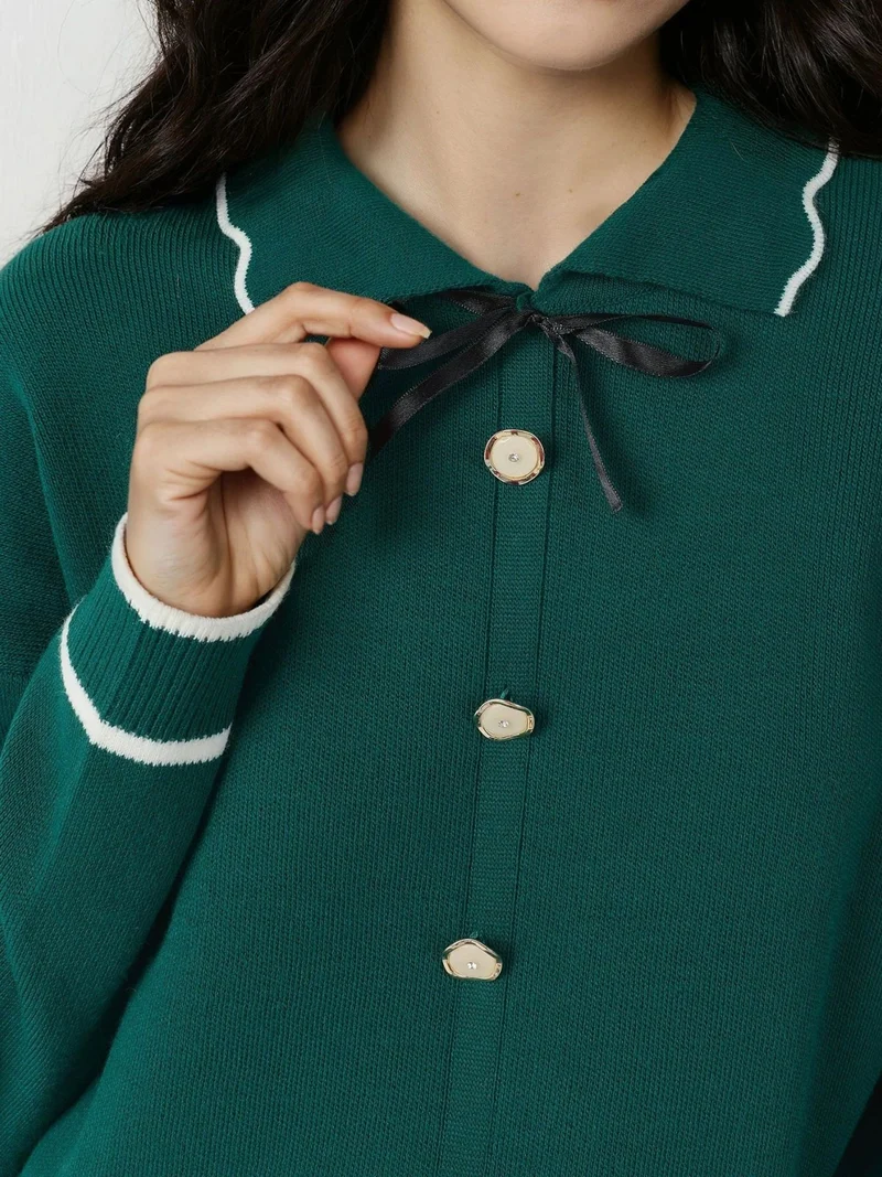 My Fashion Emerald Green MY FASHION Textured Polo Neck Knit Sweater with Ribbon Detail for Women | Best Price UAE