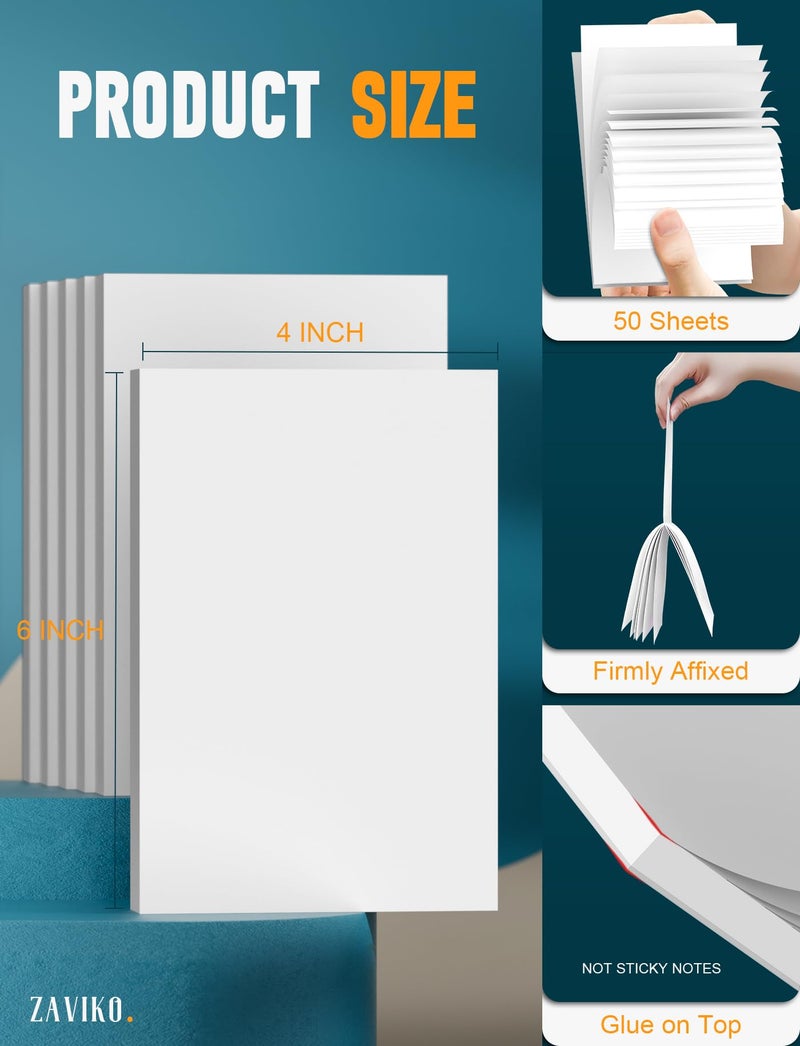 Zaviko Note Pads 4x6, 6 Pack Mini Blank Notepad 4x6, Small Notepads 4x6 Paper Pads, Scratch Pads 4x6 Small Pads of Paper, Memo Pads 4x6, White Server Note Pad Paper, Small Pocket Notebook 4x6, 50 Sheets/Pad - Image 2