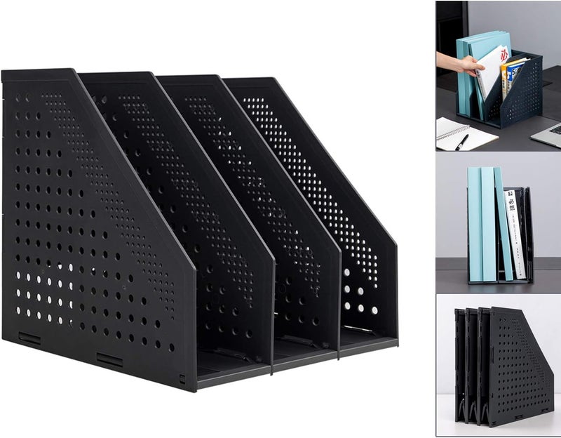 Leven Collapsible Magazine File Holder/Desk Organizer for Office Organization and Storage with 3 Vertical Compartments, Dark Grey, - Image 1